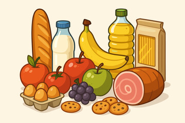Diverse groceries collection vector illustration. Cartoon set of daily food products like fruit, vegetables, bread, milk, eggs, meat, oil, and pasta. Supermarket shopping concept.