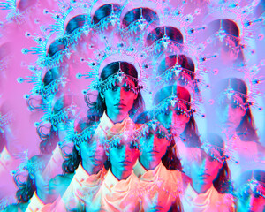 Fantasy portrait pack featuring female model in yellow dress posing with creative colourful...