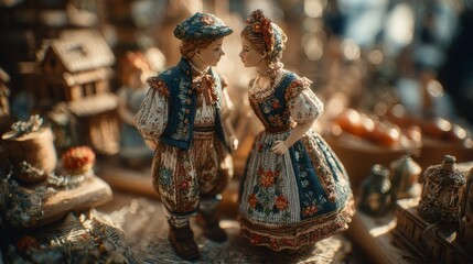 Fototapeta premium Vintage Porcelain Dolls in Embroidered Attire, Displaying Nostalgic Charm