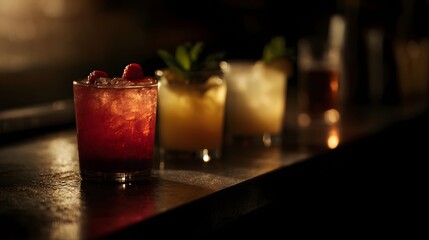 Assortment of backlit cocktails on a bar shelf
