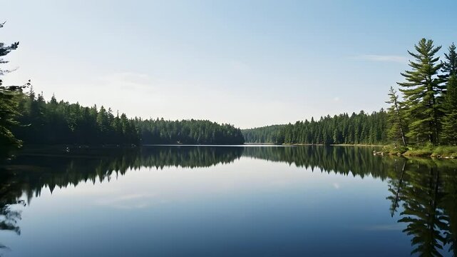 Serene lake and forest reflection at sunrise with calm water