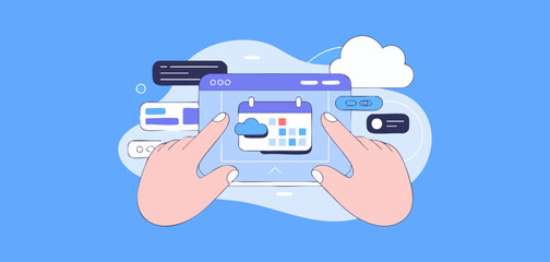 hands interacting with online calendar app on screen, vector illustration for cloud-based saas application, digital planning and web interface management