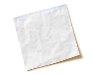 Crumpled White Paper Sheet with isolated shadow on white background and clipping path. Simple square geometric shape. crumpled wrinkled texture, memory notes, message notepaper