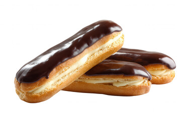 Delicious eclairs with chocolate glaze and creamy filling, stacked on top of each other Concept of indulgence, dessert, and pastry