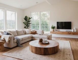 A Modern Living Room with Beige Sofa and Wooden Coffee Table