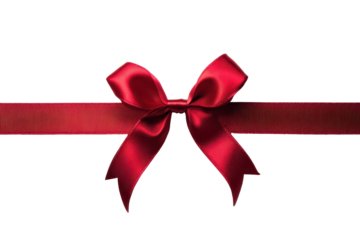Bright red Christmas gift ribbon spread horizontally with a perfect bow in the center, ideal for festive decorating during the holiday season, adding elegance to any present