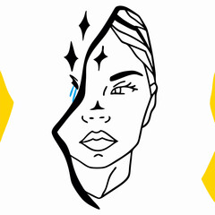 Abstract Line Art Portrait: Woman's Face Split, Stars, Modern
