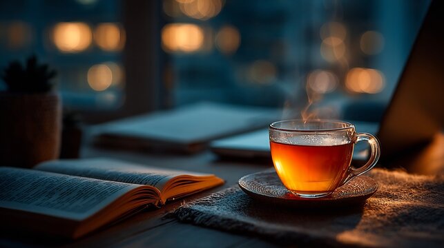 Late evening desktop cup of tea unread emails glowing productivity ambiance with soft shadows in corporate business background