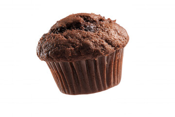 Delicious chocolate muffin with chocolate chips on a black background, perfect for breakfast or dessert Concept of indulgence, treat, and bakery