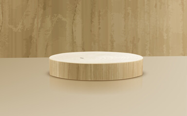 A pristine round wooden podium, featuring visible grain and a smooth finish, serves as a natural display platform. It stands on a light surface with a matching textured wooden backdrop, perfect for pr