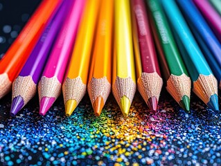 Close-up of colorful pencils, rainbow hues, on dark background