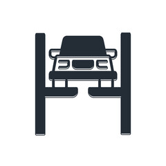 Black Repair car on lift icon isolated on white background. Repair of the underbody, suspension, wheels and engine. Vector