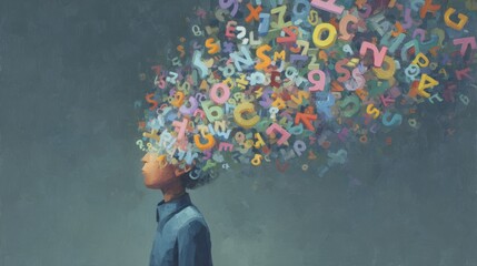 Surreal illustration of a person's mind overflowing with colorful letters and numbers