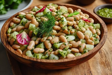 Vibrant bean salad with fresh herbs and vegetables in a wooden bowl