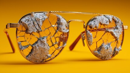 Shattered sunglasses on plain yellow background, broken lenses, minimalist accessory decay