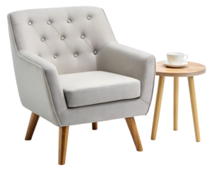 Light gray upholstered armchair with wooden side table isolated on transparent background