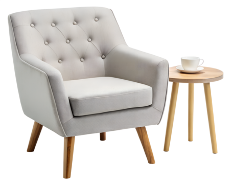 Light gray upholstered armchair with wooden side table isolated on transparent background