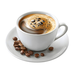 Fototapeta premium Aromatic coffee cup on saucer with roasted coffee beans and espresso beverage with froth closeup