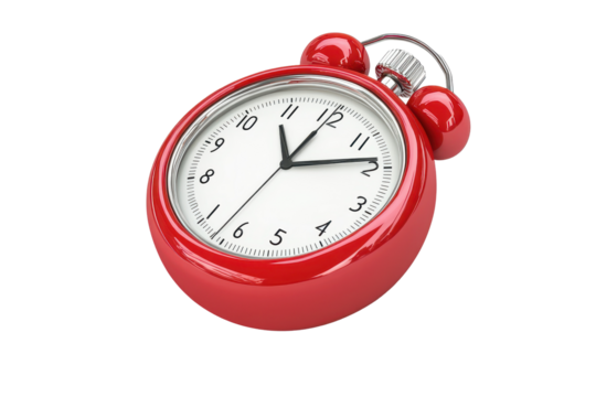 Red stopwatch icon designed in a cartoon plastic style ideal for use in applications related to timing, sports, and games