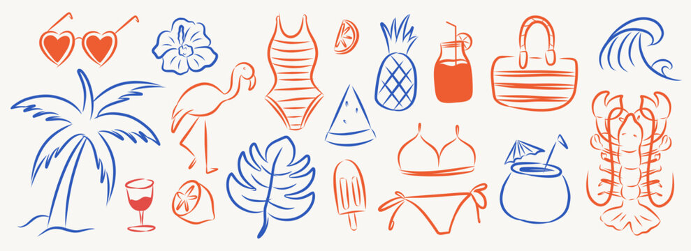 Doodle summer vacation illustration set. Beach and sea travel elements. Hand drawn palm tree, fruit, lobster, seafood, shell, bikini, cocktail. Coastal collection for card, prints, wedding invitation. - Powered by Adobe