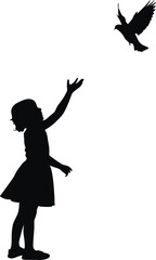 Girl Letting Bird Fly Silhouette, Freedom Concept Vector


