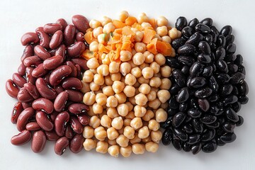Array of colorful beans and chickpeas on white background: a vibrant culinary display