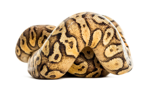 Royal python, python regius, rolled in front of a white background