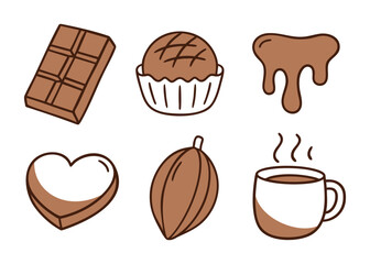 Hand drawn cartoon style chocolate icons including bar, truffle, melted chocolate, heart, cocoa pod, and hot drink. Perfect for World Chocolate Day, dessert themes, and sweet food designs.