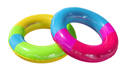 Brightly colored swim rings floating in front of a isolated background featuring a summer recreation theme