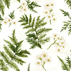Botanical floral pattern of ferns and wildflowers.