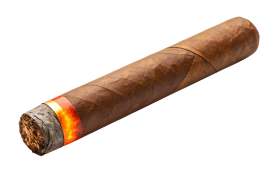 A premium cigar with glowing end isolated on transparent background