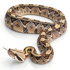 Obraz premium Gaboon Viper – Coiled Snake with Leaf Camouflage on White Background