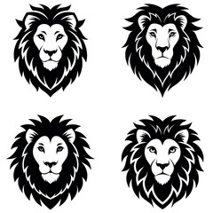 Four Black and White Lion Head Designs with Variations in Mane and Facial Features