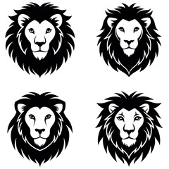 Four Distinctive Black and White Lion Head Illustrations with Varying Mane Styles on White