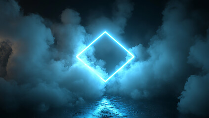 3D render, glowing blue neon square frame on a dark background with smoke and clouds. Abstract futuristic light banner design. Glowing lines in the form of a rhombus. Blue glow line effect.