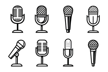 Variety of Microphone Icons Collection: Set of Artistic Line Art Representations for Audio Recording Needs and Multimedia Projects.