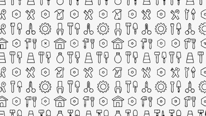Seamless pattern with hand drawn tools featuring a variety of equipment and construction elements design