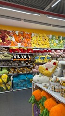 plushies and stuff toys in the display cabinet