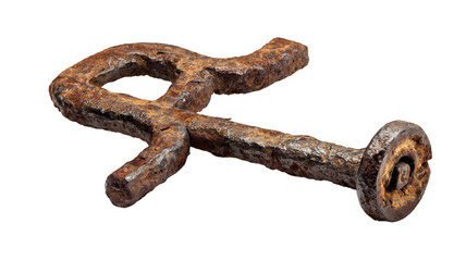 Obraz premium Close up isolated image of a weathered rusty iron key from an antique lock illustrating history and antiquity