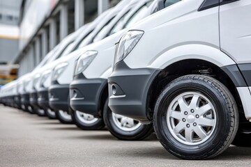 Row of new white vans parked, close-up on tires and headlights, ready for delivery or sale.