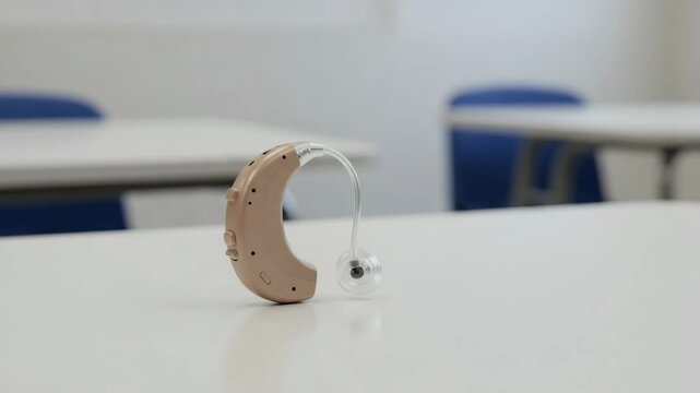 Hearing aid for children with hearing impairment in school. Beige hearing aid for kids rests on white table in classroom. Modern hearing device for kids ensures better hearing and learning