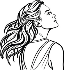 Woman with long wavy hair looking upward profile view line art