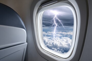 Lightning strike seen from airplane window, above the clouds during a storm.