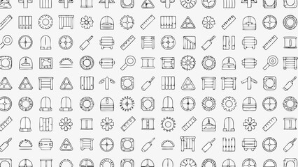 A collection of various outlined objects including tools, furniture, and decorative elements arranged neatly