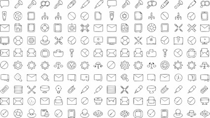 Illustration of a collection of various hand drawn icons including objects and symbols in black and white