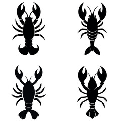 Four black and white lobster illustrations on a white background grid