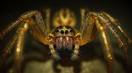 Close-up of a huntsman spider, showcasing its hairy legs, multiple eyes, and detailed body structure against a dark background.