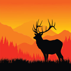 Deer Silhouette in Sunset Mountain Landscape, Vector Art

