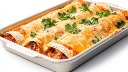 Cheesy Enchiladas in Baking Dish with Parsley Garnish,Mexican Food ,Comfort Food