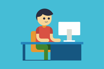 Focused Young Man Working at His Desk, Computer Productivity and Efficiency